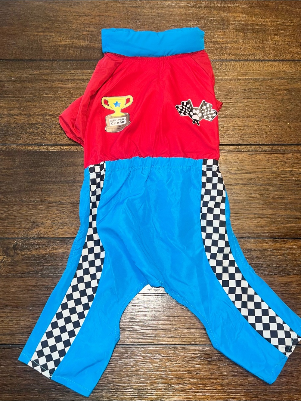 Red and Blue Racing Dog Costume Outfit with Checkered Trim